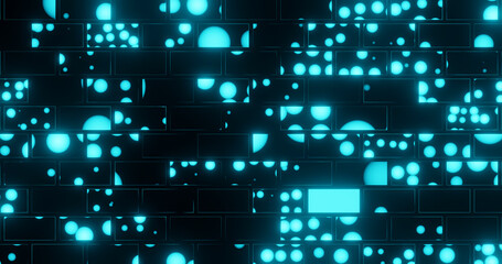 Render with blue geometric background of rectangles and balls