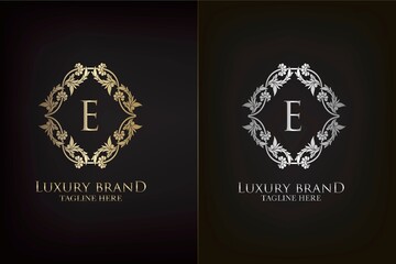 E Letter Luxury Frame Decoration Initial Logo, Elegance Gold and Silver Ornate Emblem Decorative Frame for wedding or boutique Logo identity Design