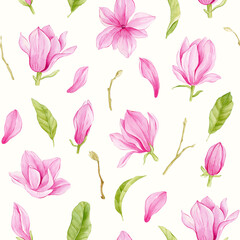 Fototapeta na wymiar Magnolia watercolor pattern pink flowers and.leaves on white background.