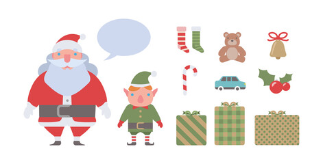 Cartoon Christmas Elements in Flat Design. Illustration of Santa Claus and Elf in Vector Design
