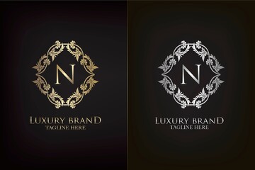 N Letter Luxury Frame Decoration Initial Logo, Elegance Gold and Silver Ornate Emblem Decorative Frame for wedding or boutique Logo identity Design