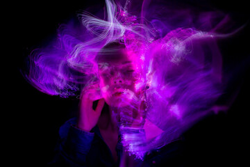 lightpainting portrait, new art direction, long exposure photo without photoshop, light drawing at long exposure