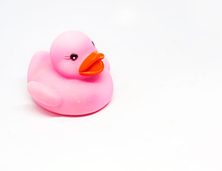 Pink rubber duck with orange beak isolated on a white background.