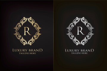 R Letter Luxury Frame Decoration Initial Logo, Elegance Gold and Silver Ornate Emblem Decorative Frame for wedding or boutique Logo identity Design