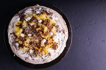 Delicious cake on vintage background. Copy space.