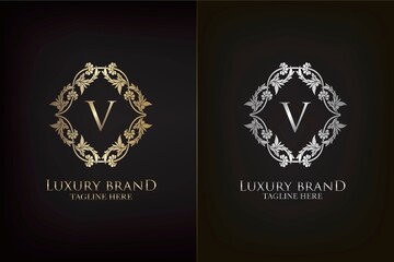 V Letter Luxury Frame Decoration Initial Logo, Elegance Gold and Silver Ornate Emblem Decorative Frame for wedding or boutique Logo identity Design