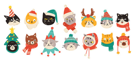Set of Christmas cats wearing winter accessories like hats and scarves. Vector illustration of cute animal faces in festive outfits displaying various emotions in colorful cartoon style.