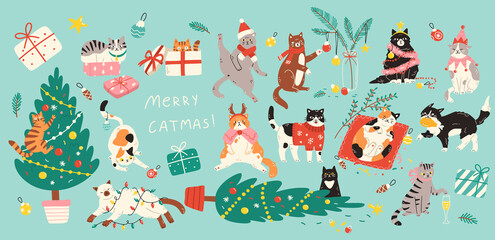 Set of adorable cats celebrating Christmas. Vector illustration of cute pets playing with Christmas decorations and wearing festive costumes in flat cartoon style. Elements are isolated.