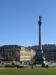 Schlossplatz with the Jubiläumssäule in front of the New Castle in Stuttgart, Germany