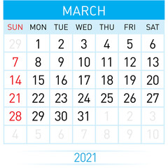 March Planner Calendar 2021. Illustration of Calendar in Simple and Clean Table Style for Template Design on White Background. Week Starts on Sunday