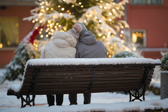 Young couple sitting together on snow covered bench and staring on Christmas tree with lights at city in winter evening. Romantic cute lovely moment. Dating concept. Peaceful atmosphere. Back view.