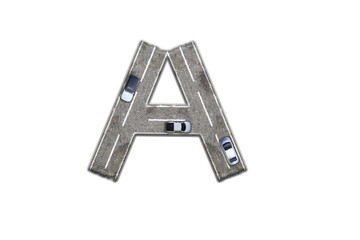 The letter A of the English alphabet made from an asphalt road on which cars are driving, 3D illustration