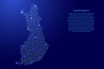 Finland map from blue pattern of the maze grid and glowing space stars grid. Vector illustration.