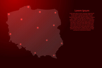 Obraz premium Poland map from red pattern slanted parallel lines and glowing space stars grid. Vector illustration.