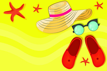 Shale, hat and sun glasses. Summer-themed yellow items