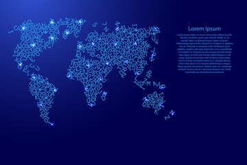 World map from blue pattern latin alphabet scattered letters and glowing space stars grid. Vector illustration.