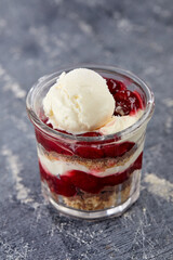 ice cream with fresh fruits and syrup