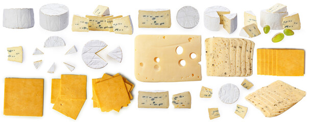 Varieties of cheese slices set isolated on a white background.