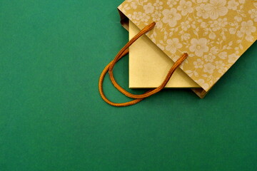 Paper bag with a gift on a Tidewater Green background.