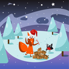 Fox and bullfinch with pile of Christmas gifts in the snowy forest. Starry night. Stars and comets. Vector illustration. Christmas postcard.