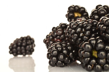 Organic blackberries, close-up, on a white background.