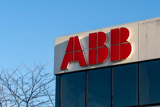 Oakville, On, Canada - November 8, 2020: A Close Up ABB Sign On The Building.  
ABB Is A Multinational Corporation Operating Mainly In Robotics, Power, Heavy Electrical Equipment.
