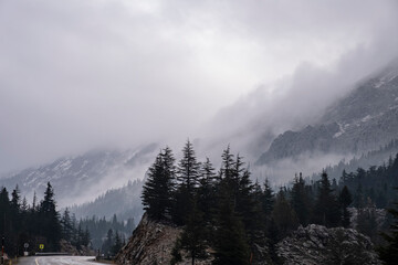 misty weather in the mountains and a cold season in December