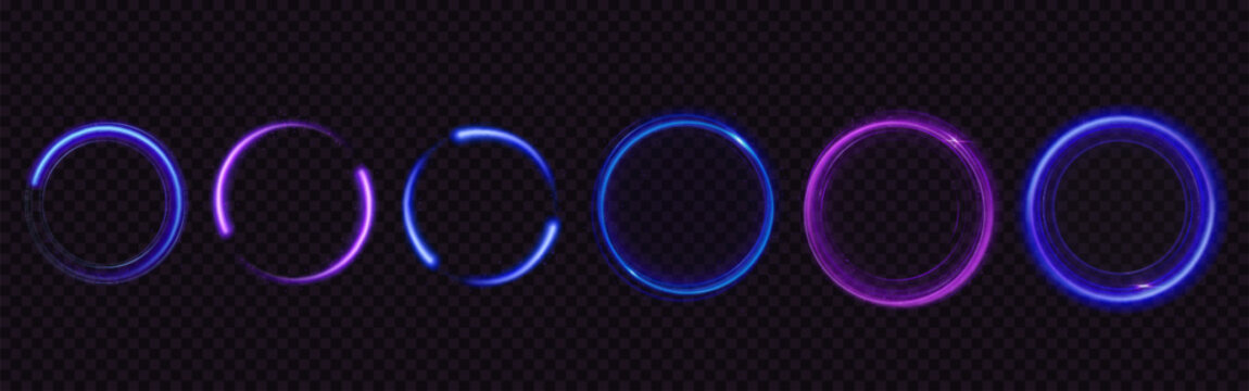 Glow circles with sparkles, magic light effect. Vector realistic set of blue and purple shiny rings and swirls, round frames of flare trail with glitter dust isolated on transparent background