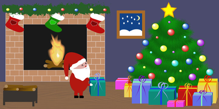 Cartoon illustration of a home Christmas room with Santa Claus in front of the fireplace. Background of a cozy interior, gifts under a decorated Christmas tree. Vector illustration.