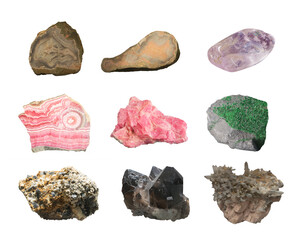 Gems and minerals collection, rocks and gemstones isolated