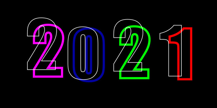 Happy New Year 2021 of metal bull. Merry Christmas. Black background with multicolored numbers. Vector illustration.