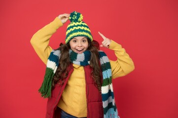 Happy winter holidays. enjoy weather and softness. cozy sweater. autumn season fashion. teenage girl in woolen garment. warm clothing trends. childhood happiness. kid wear knitwear accessory apparel