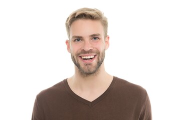 smiling young man with bristle on unshaven face wear casual clothing isolated on white background,...