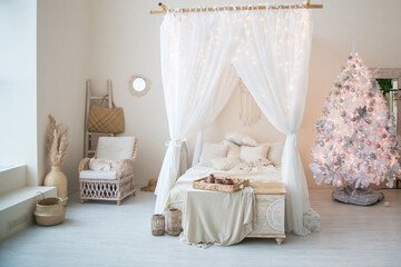 Luxury hotel room with bed, boho style