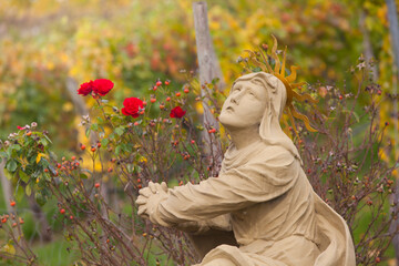 Marienstatue vor einem Rosenstrauch
