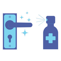 Door knob disinfection. Use a spray antiseptic to prevent the spread of disease. Door handles and antibacterial spray. Disinfect door handle with sanitizer spray. Blue color illustration