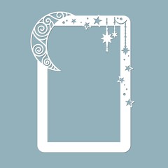 Photo frame with snowflakes, stars and moon. Laser cut. Vector illustration. Pattern for the laser cut, scrapbooking, plotter and screen printing.