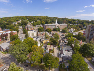 Fototapeta na wymiar Longsjo Middle School aerial view at 98 Academy Street in downtown Fitchburg, Massachusetts MA, USA. 