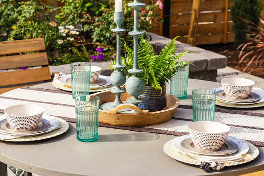 Outdoor Patio Detail: Table Set For Breakfast, Lunch, Or Dinner Outside New Home