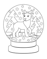 Snow globe with deer - antistress coloring book - vector linear illustration for outline coloring. Deer, Christmas trees, stars in a snow globe - an element of winter, Christmas coloring.