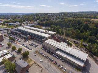 Fototapeta premium Fitchburg City Hall aerial view in downtown Fitchburg, Massachusetts MA, USA. 