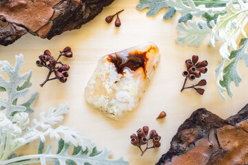 Fire Agate Slice with Dusty Miller and Natural Elements