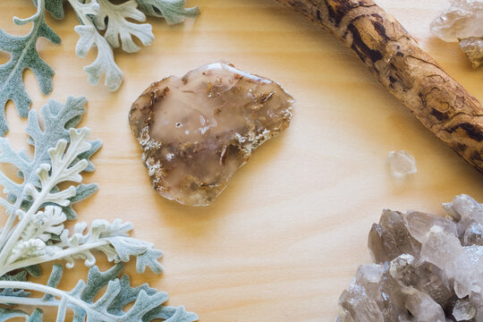 Agate with Dusty Miller and Quartz Cluster
