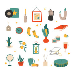 Hygge decor things. Winter holiday decor set. Candle, socks, candle and xmas home symbols, cartoon vector illustration. Doodle cozy things in scandinavian style. Vector illustration in flat style.