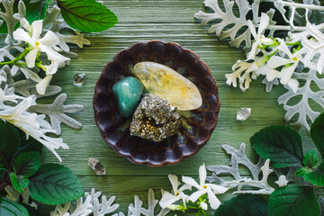 Citrine, Green Aventurine and Pyrite with Jasmine Flowers and Foliage