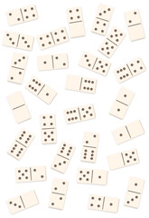 Scattered dominos, shuffled, mixed up, loosely arranged messy set of 28 white tiles. Isolated vector illustration on white background.
