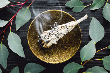 Burning Sage Smudge Bundle with Eucalyptus Leaves