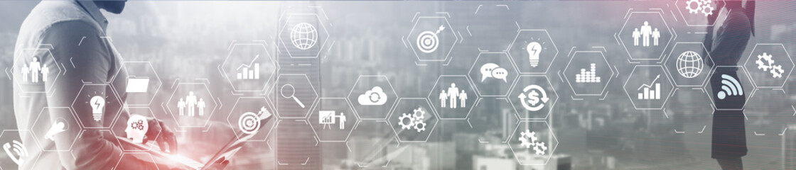 ERP Enterprise Resource Planning system on virtual screen with connections between business...