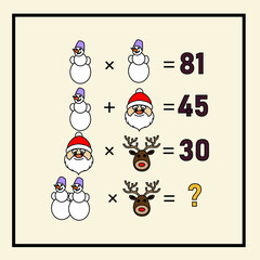 New Year's riddle. Preschool or kindergarten Christmas puzzle. Mathematical counting game for children and adult. Mathematic riddle for the mind. Riddle with numbers. Vector