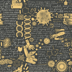 Hand-drawn seamless pattern on the scientific theme of chemistry, genetics, medicine. Abstract vector background with sketches and handwritten text lorem ipsum in retro style on a dark backdrop